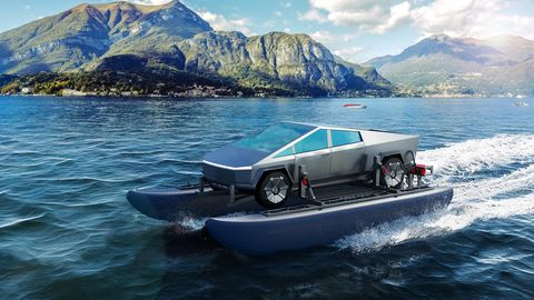 Der Tesla Cybertruck auf einem Bootsgestell auf dem Meer