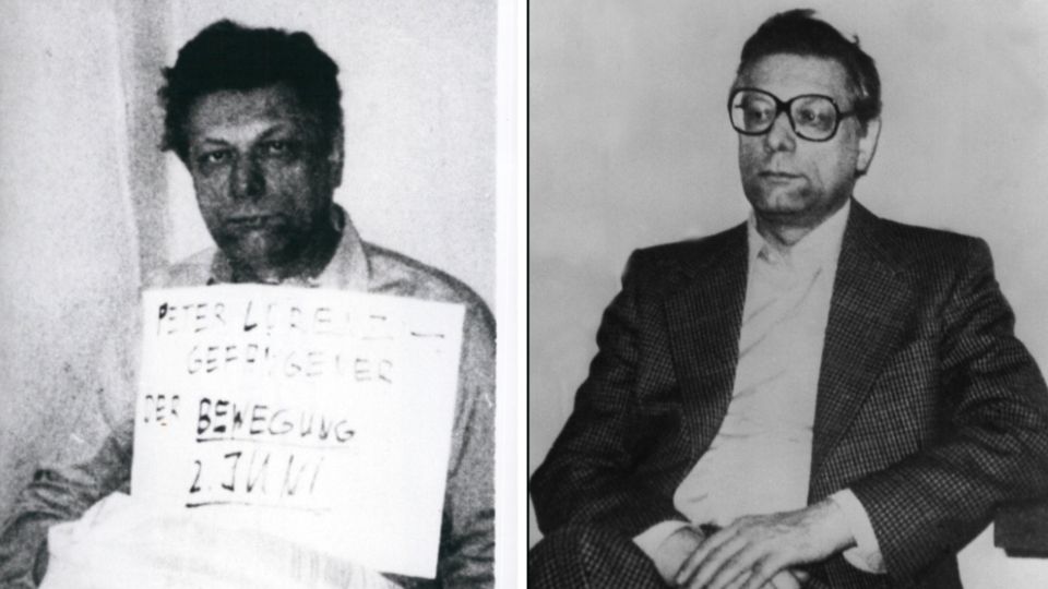 Die Bild-Kombo zeigt die beiden Fotos der Entführer, die Peter Lorenz in seiner "Gefängniszelle" zeigen