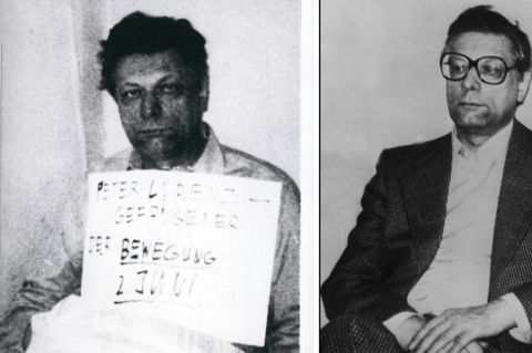 Die Bild-Kombo zeigt die beiden Fotos der Entführer, die Peter Lorenz in seiner "Gefängniszelle" zeigen