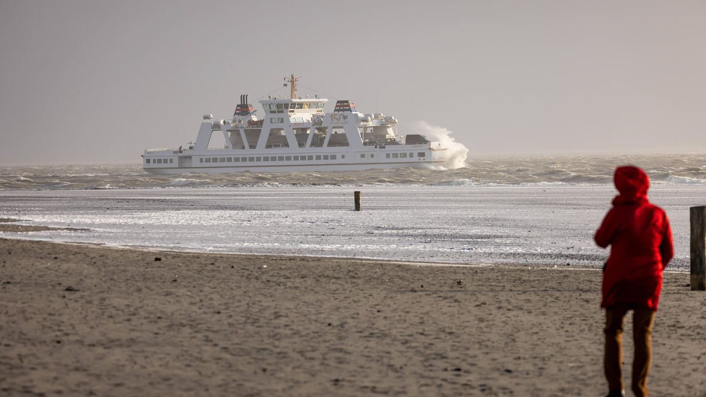 Frau steht am Strand und schaut auf ein Schiff