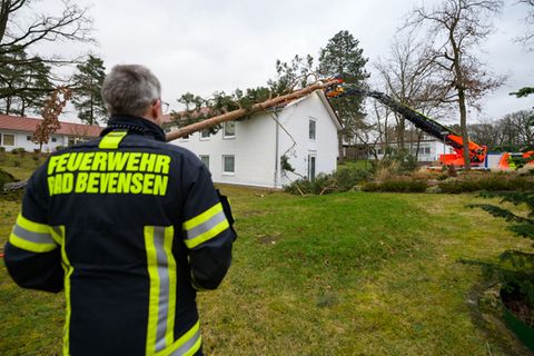 Einsatzkräfte der Freiwilligen Feuerwehr beseitigen über eine Drehleiter einen Baum, der auf einem Gebäude liegt.