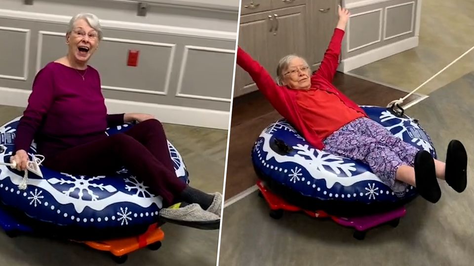 Fun in the old people's home: Great fun - seniors race through the home on rubber tires