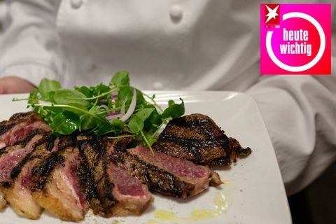 Auf einem weißen, quadratischen Teller liegt ein in Scheiben geschnittenes Steak mit grünem Salat dekoriert