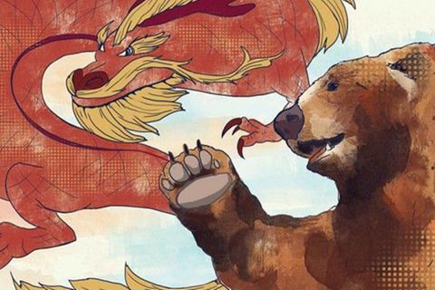Ein Tusche-Bild zeigt einen roten Drachen und einen braunen Bären