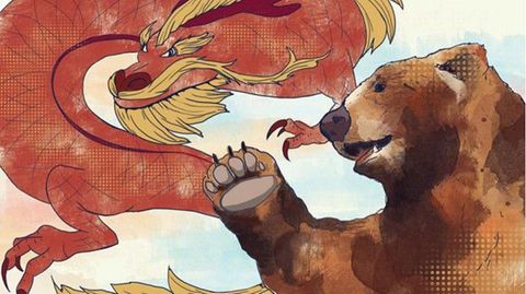 Ein Tusche-Bild zeigt einen roten Drachen und einen braunen Bären