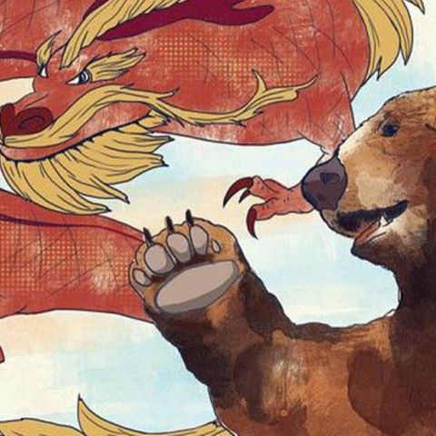 Ein Tusche-Bild zeigt einen roten Drachen und einen braunen Bären