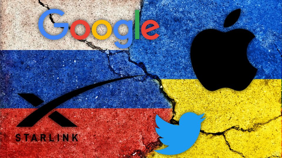 Die Logos von Apple, Twitter, Starlink und Google auf den Flaggen von Russland und der Ukraine
