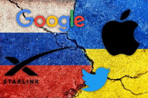 Die Logos von Apple, Twitter, Starlink und Google auf den Flaggen von Russland und der Ukraine