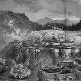 Die heißen Quellen im Yellowstone Nationalpark. Historischer Stich von circa 1885