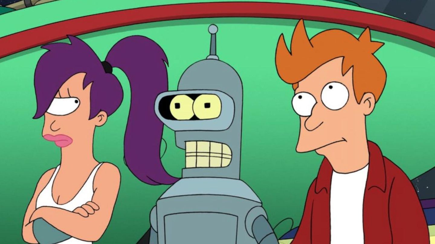 Die drei Futurama-Stars Leela, Bender und Fry