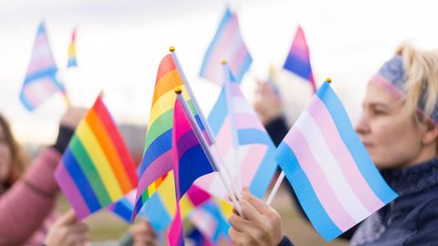 Menschen halten LGBT-, Trans- und Bi-Flaggen