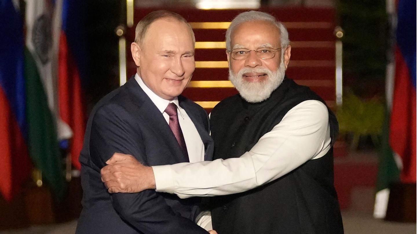 Indien Wladimir Putin und Narendra Modi, Premierminister von Indien, begrüßen sich