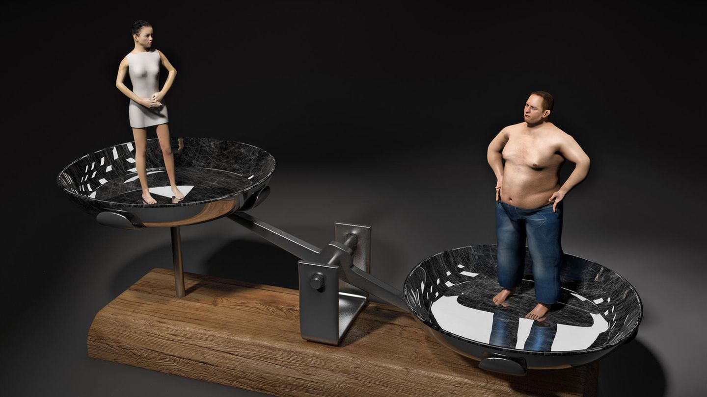 Schlanke Frau versus übergewichtiger Mann