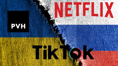 Tiktok, Netflix und PVH Logos auf den Flaggen von Russland und der Ukraine