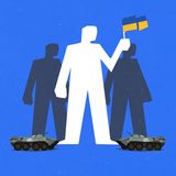 Auch dieses Bild zeigt eine friedliche Szene: Ukrainer:innen, die selbst während der Besatzung ihrer Stadt mit ukrainischen Flaggen den Protest wagen.