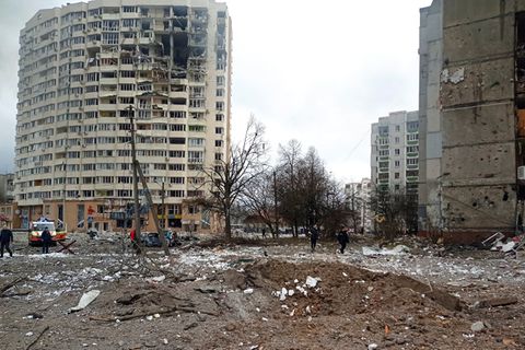 Blick auf das beschädigte Stadtzentrum von Tschernihiw nach einem russischen Luftangriff