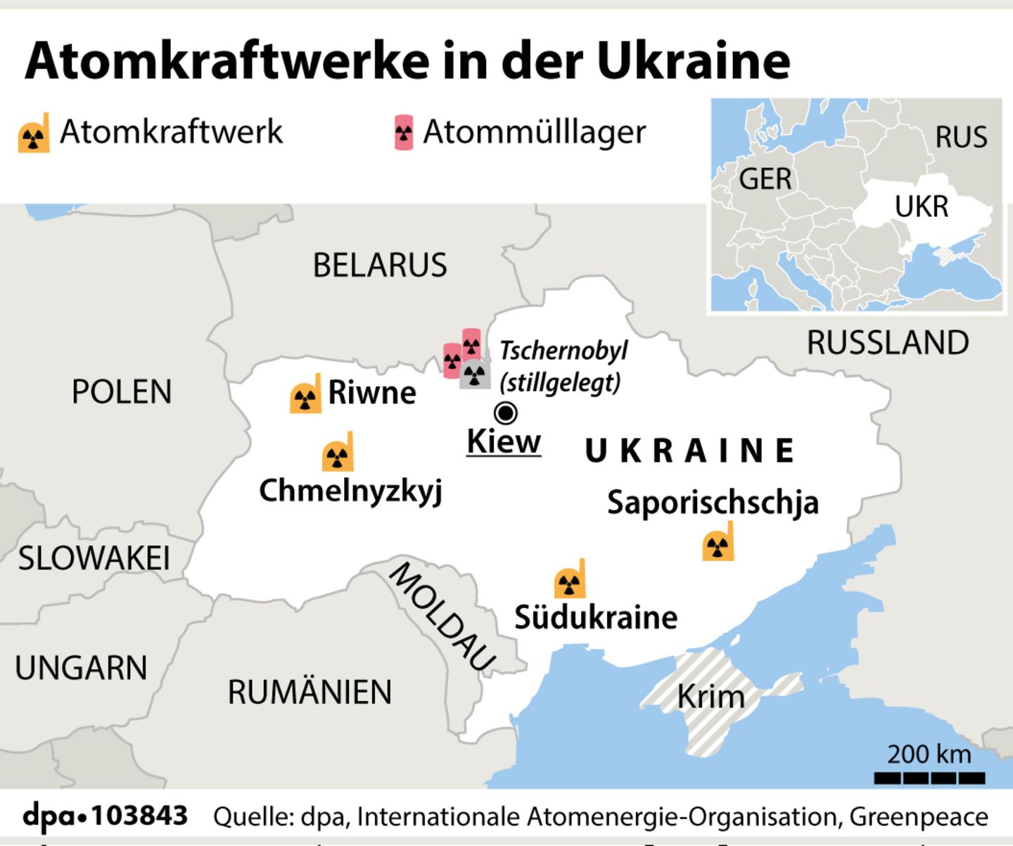 Atomkraftwerke in der Ukraine sind auf einer Karte verzeichnet