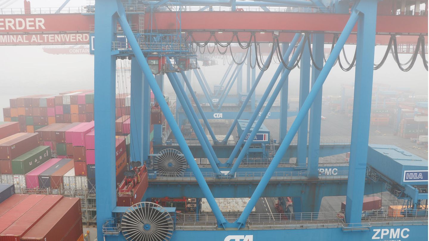 Containerbrücken am Terminal in Reihe und Glied