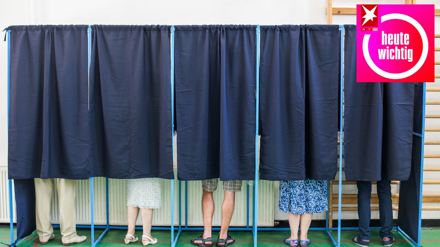 Menschen stehen in Wahlkabinen
