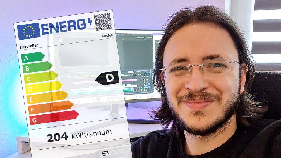 stern-Reporter Florian Saul in einer Fotomontage mit einem Energielabel der Effizienzklasse D.