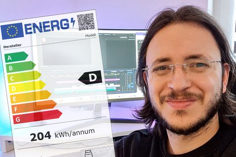 stern-Reporter Florian Saul in einer Fotomontage mit einem Energielabel der Effizienzklasse D.