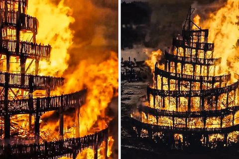Ein Nachbau des "Turm zu Babel" wird in Russland verbrannt – eine Tradition, um den Winter zu vertreiben.