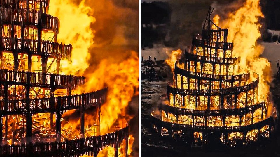 Ein Nachbau des "Turm zu Babel" wird in Russland verbrannt – eine Tradition, um den Winter zu vertreiben.