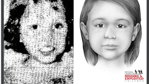 Eine Bildcombo zeigt ein altes Foto eines Kindes und die Zeichnung eines Kindergesichts