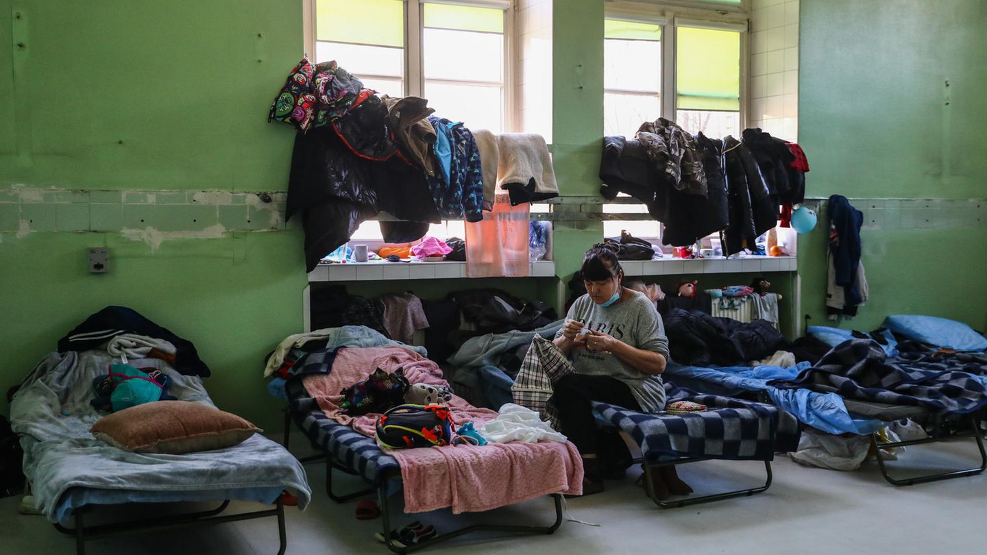 Situation Krakau Eine Frau sitzt auf einem Feldbett in einer Flüchtlingsunterkunft