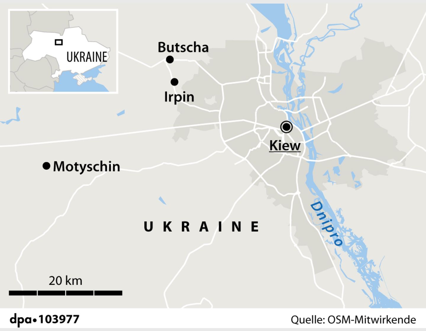 Karte des Kiewer Raums mit Lokalisierung von Butscha und Motyschyn.