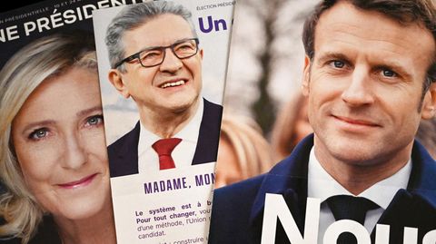 Wahlplakate von Marine Le Pen, Jean-Luc Mélenchon und Emmanuel Macron