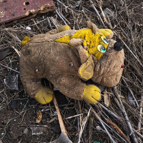 Ein verdrecktes Kuscheltier im Matsch