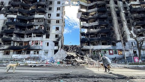 Eine ältere Frau geht mit ihren Hunden an einem durch einen russischen Luftangriff beschädigten Wohnhaus vorbei