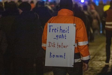 Ein Demonstrant bei einer Querdenken-Demo mit einem Schild "Freiheit geht, Diktatur kommt"