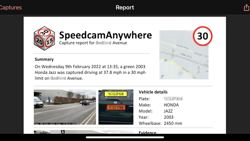 Bericht der App Speedcam Anywhere