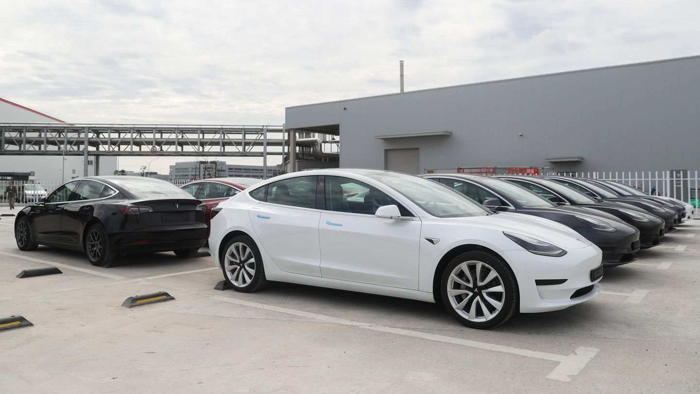 Tesla Model 3-Fahrzeuge stehen auf einem Gelände