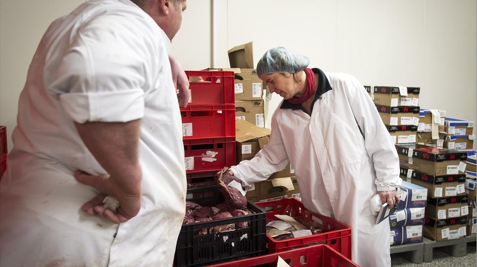 Lebensmittelskandal Südhessen Lebensmittelkontrolleure bei der Kontrolle von Fleisch