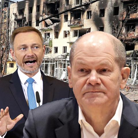 Lindner, Scholz und Habeck auf dem Hintergrund der zerbombten ukrainischen Stadt Mariupol