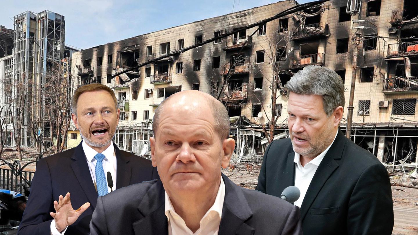 Lindner, Scholz und Habeck auf dem Hintergrund der zerbombten ukrainischen Stadt Mariupol Lindner, Scholz und Habeck auf dem Hintergrund der zerbombten ukrainischen Stadt Mariupol