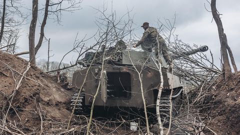 Warten auf den Feind. Ein Soldat der Ukraine tarnt einen Panzer notdürftig mit Zweigen.