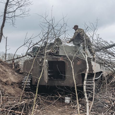 Warten auf den Feind. Ein Soldat der Ukraine tarnt einen Panzer notdürftig mit Zweigen.