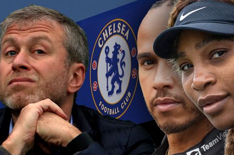 Der aktuelle Besitzer des FC Chelsea, Roman Abramowitsch, mit den Sport-Stars Lewis Hamilton und Serena Williams.