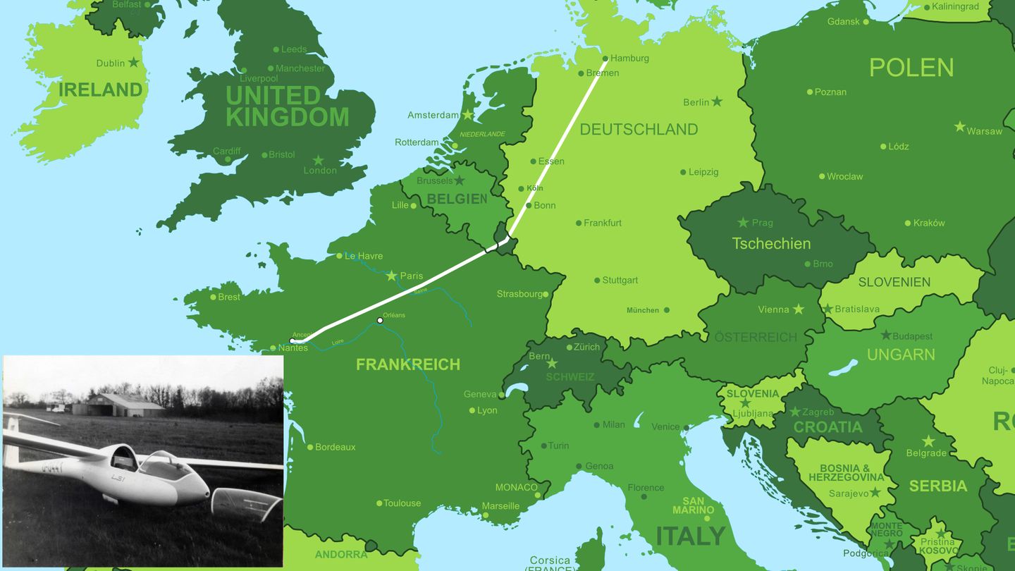 Kurs des Segelflugzeugs von Hamburg nach Frankreich