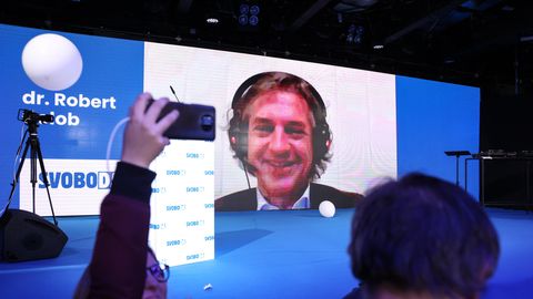 Robert Golob (hinten), Oppositionsführer, spricht aufgrund einer Corona-Infektion per Videokamera