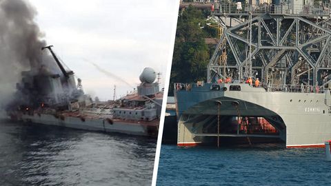 Die untergegangene "Moskwa" und das Bergungsschiff, die "Kommuna". 