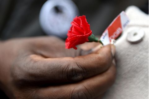 Eine rote Nelke wird zum 1. Mai ans Revers geheftet