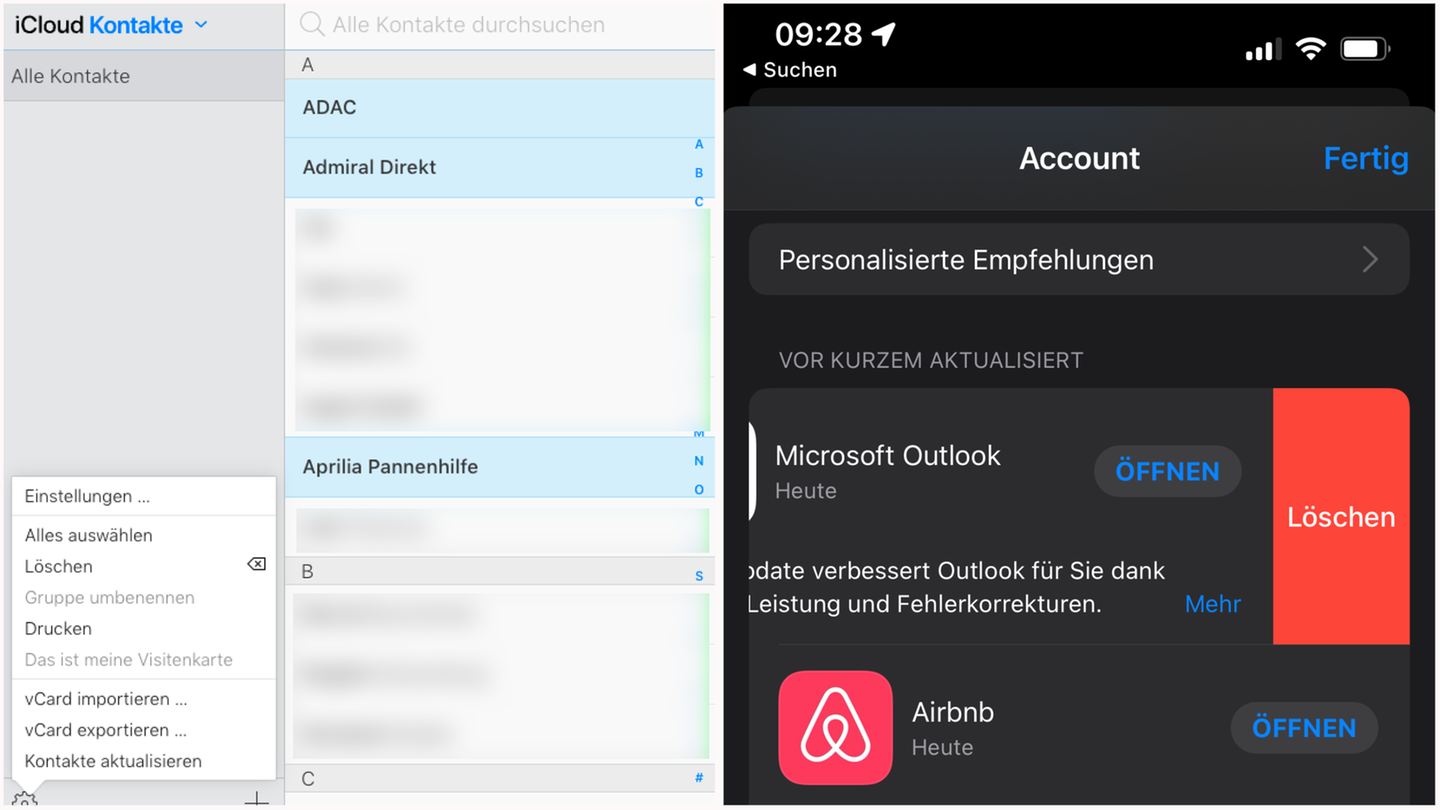 iPhone-Menü im App Store und Kontakte-Übersicht in der iCloud