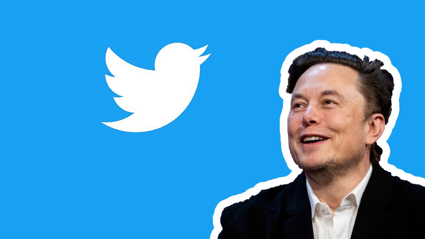 Elon Musk schaut in einer Bildmontage auf das Twitter-Logo