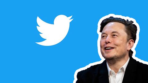 Elon Musk schaut in einer Bildmontage auf das Twitter-Logo