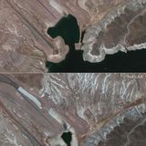 Und so sieht das Drama aus der Luft aus: Die Satellitenaufnahmen von Maxar Technologies zeigen, wie sehr sich das Wasser an der Boulder-Harbor-Bootsrampe vom 18. Mai 2020 (oben) bis zum 27 Juli 2021 (unten) zurückgezogen hat 